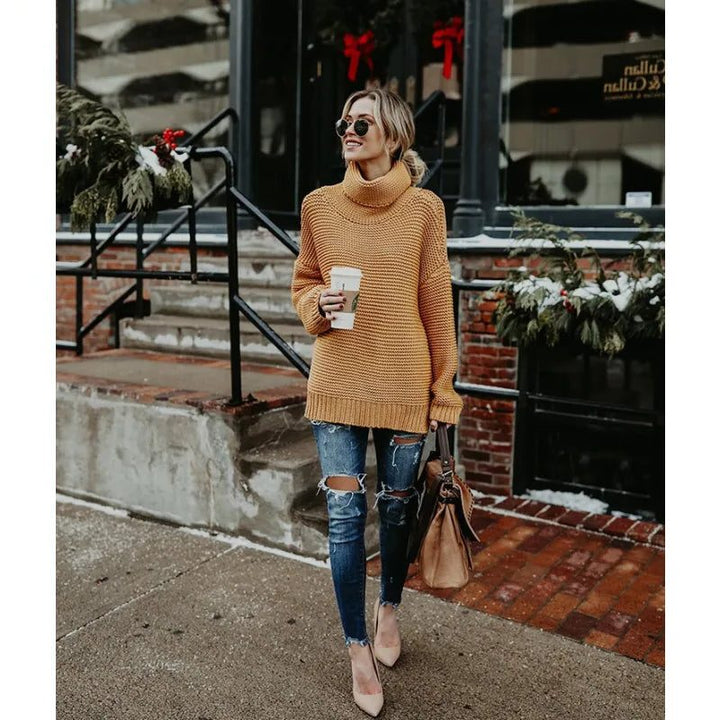 Women's Ribbed Knit Oversized Sweater with Roll Neck Orange