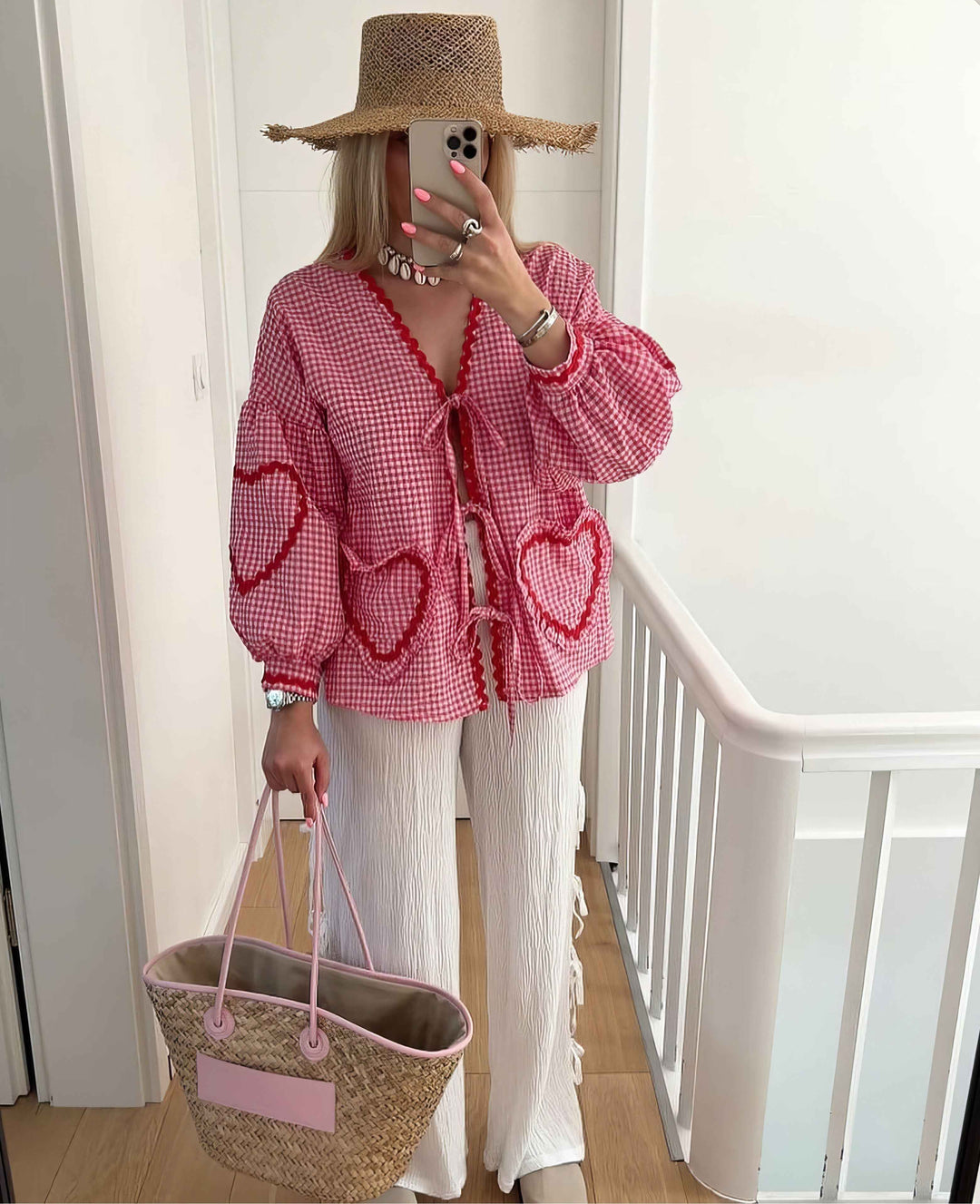 Women's Gingham Check Blouse - Loose Fit with Ruffles and Front Tie