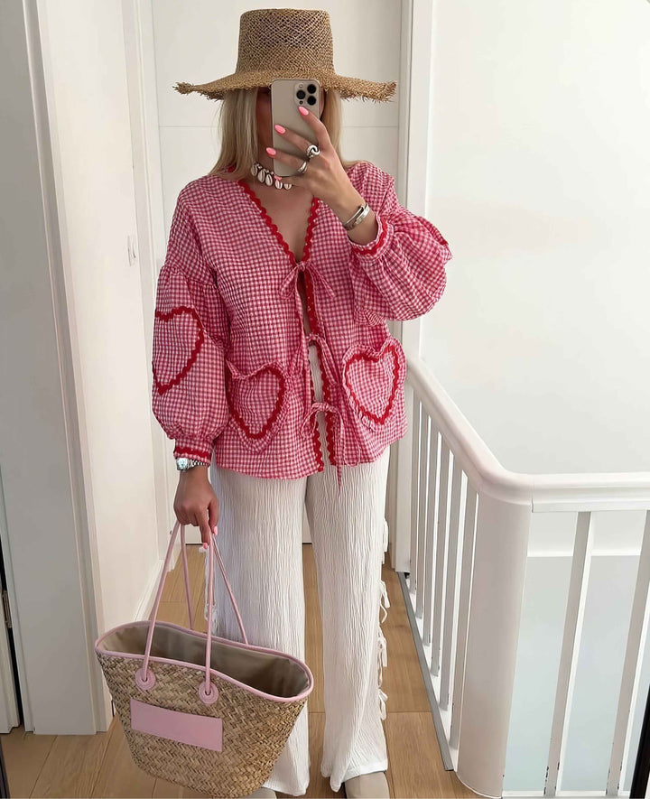 Women's Gingham Check Blouse - Loose Fit with Ruffles and Front Tie