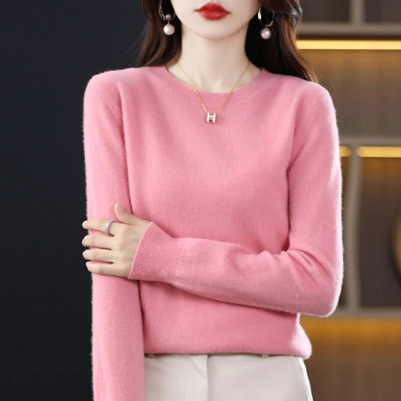 Women's Ribbed Knit Crew Neck Sweater Pink