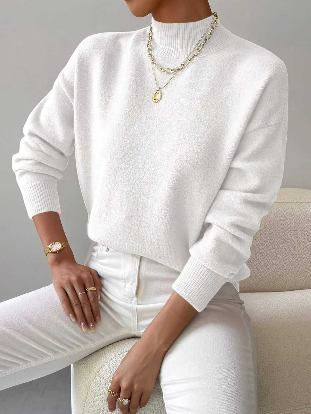 Women's Ribbed Knit Roll Neck Sweater White