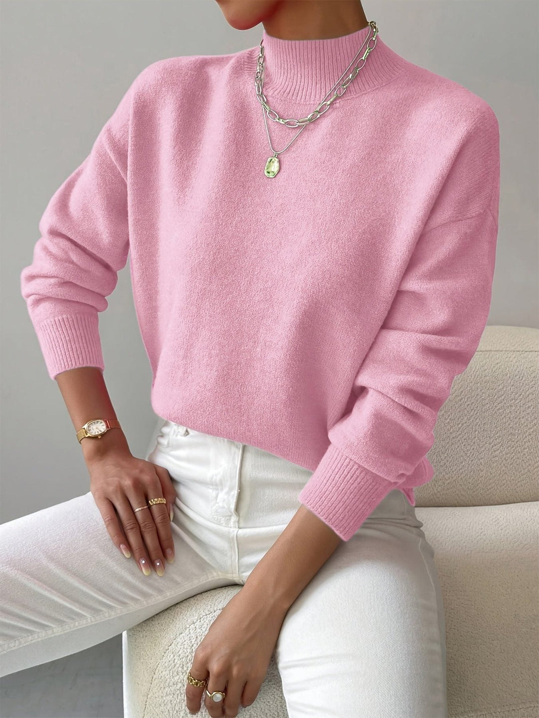 Women's Ribbed Knit Roll Neck Sweater Light Pink