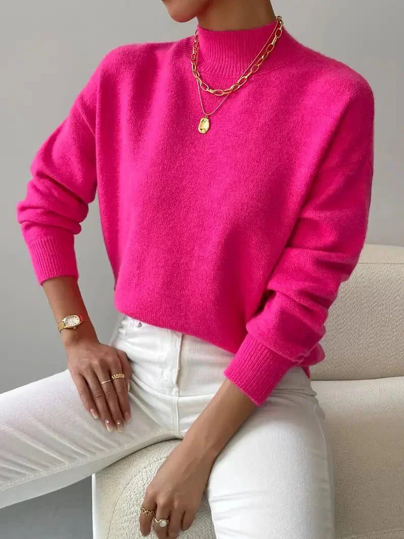 Women's Ribbed Knit Roll Neck Sweater Pink