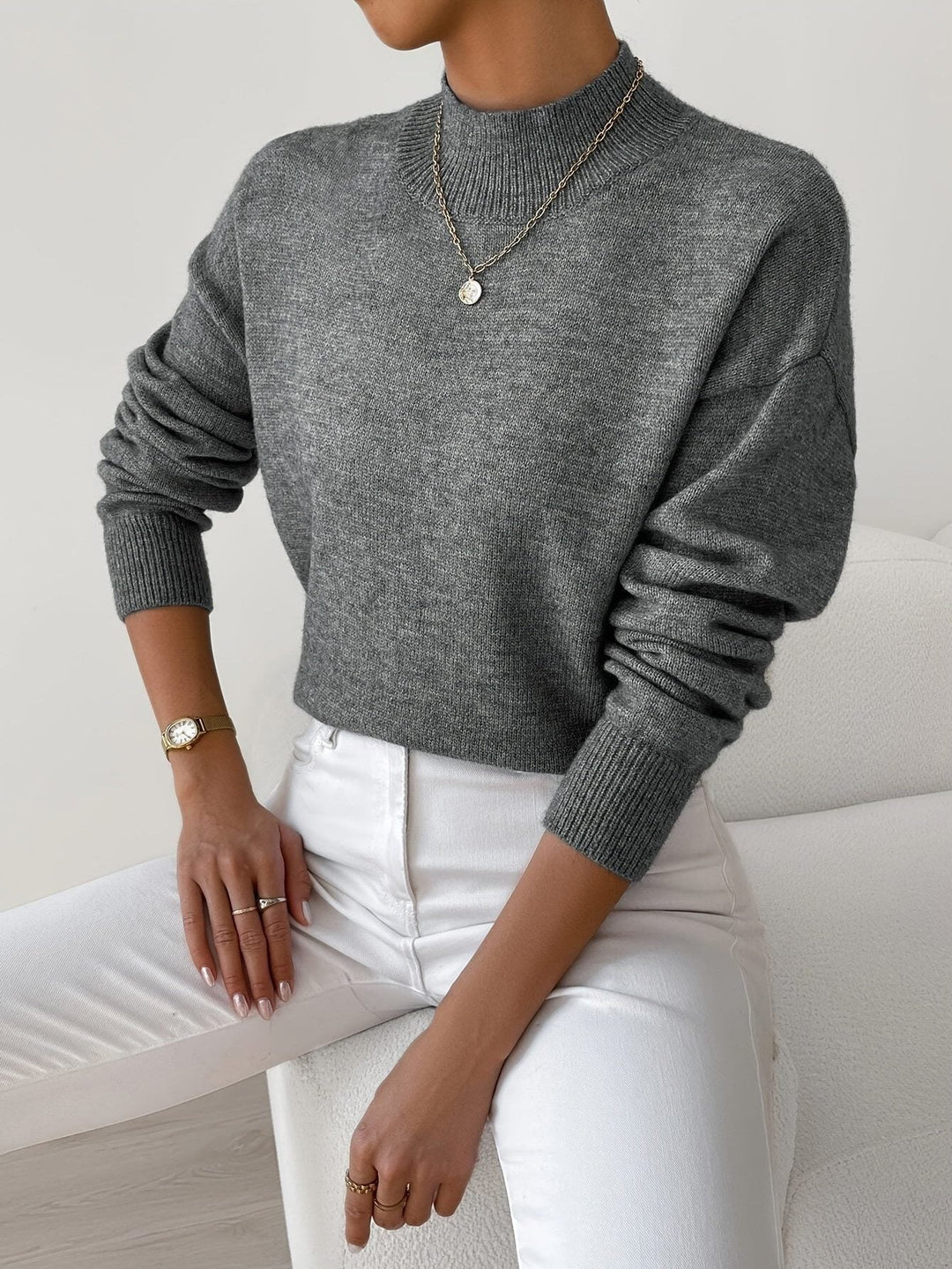 Women's Ribbed Knit Roll Neck Sweater Dark Gray