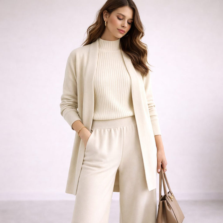 Women's Ribbed Knit Three-Piece Lounge Set with Long Cardigan White