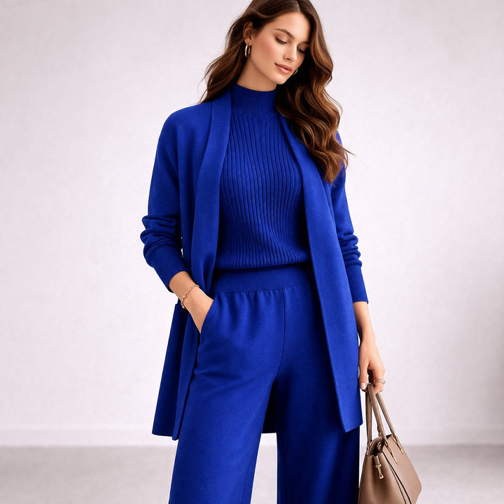 Women's Ribbed Knit Three-Piece Lounge Set with Long Cardigan Blue