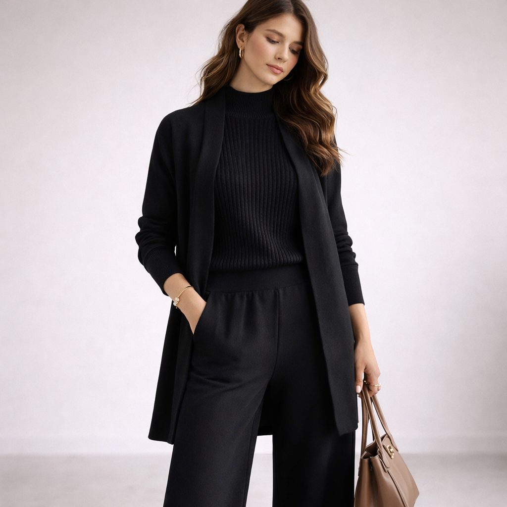 Women's Ribbed Knit Three-Piece Lounge Set with Long Cardigan Black
