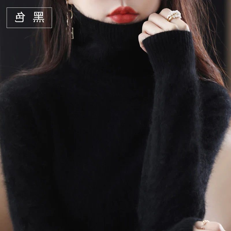 Women's Acrylic Turtleneck Relaxed Fit Ribbed Textured Turtleneck Black