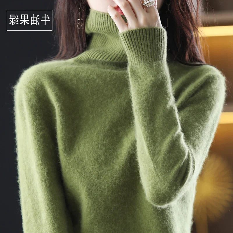 Women's Acrylic Turtleneck Relaxed Fit Ribbed Textured Turtleneck Army Green
