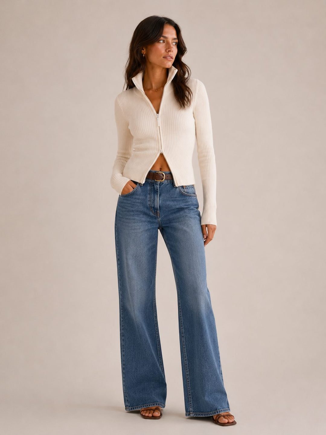 Women's Ribbed Knit Zip-Up Cardigan