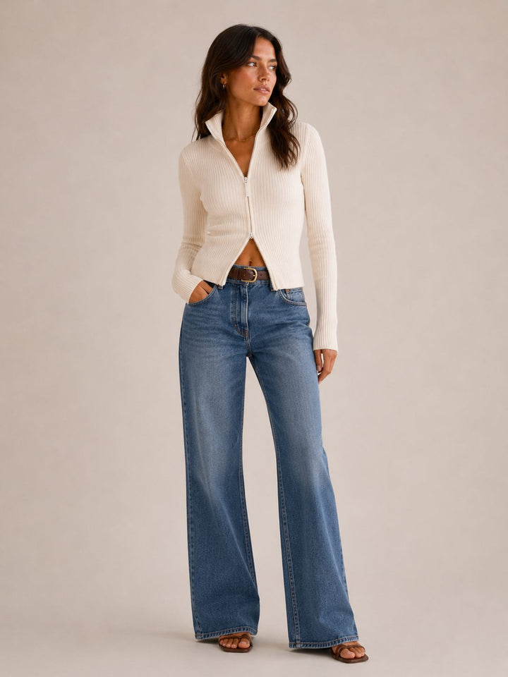 Women's Ribbed Knit Zip-Up Cardigan
