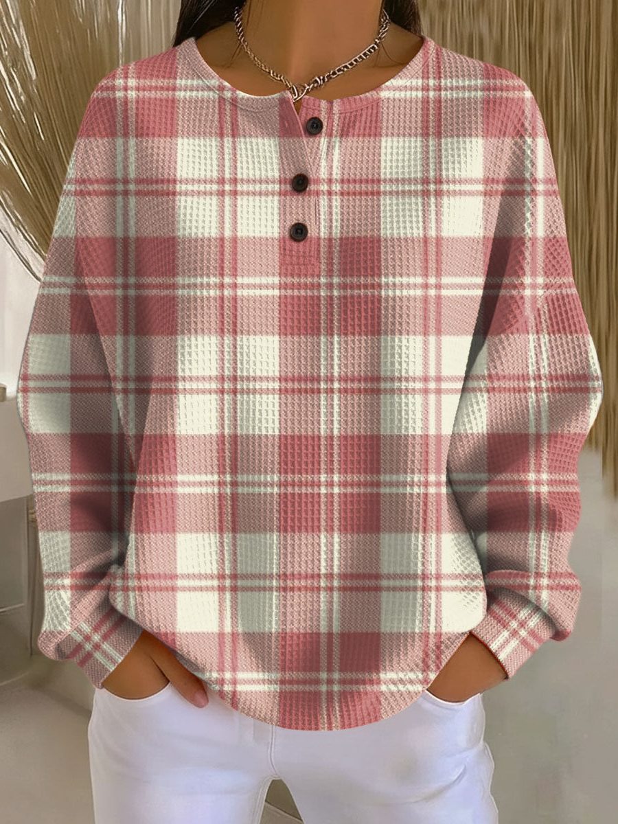 Women's Plaid Waffle Knit Sweater with Buttons Pink