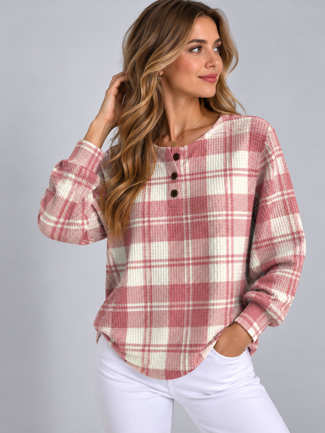 Women's Plaid Waffle Knit Sweater with Buttons