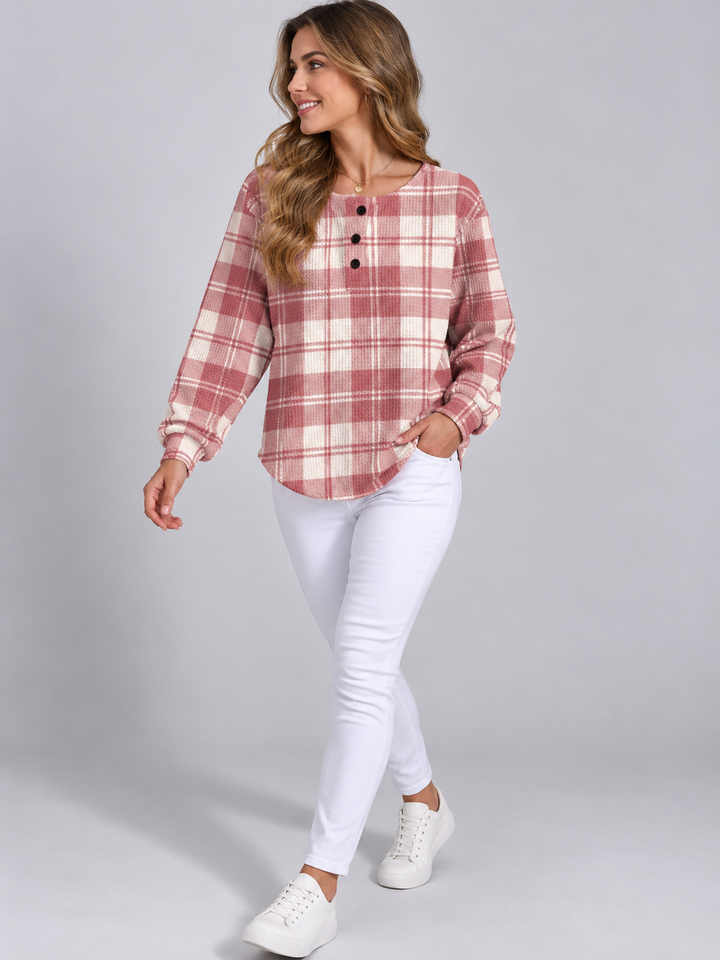 Women's Plaid Waffle Knit Sweater with Buttons