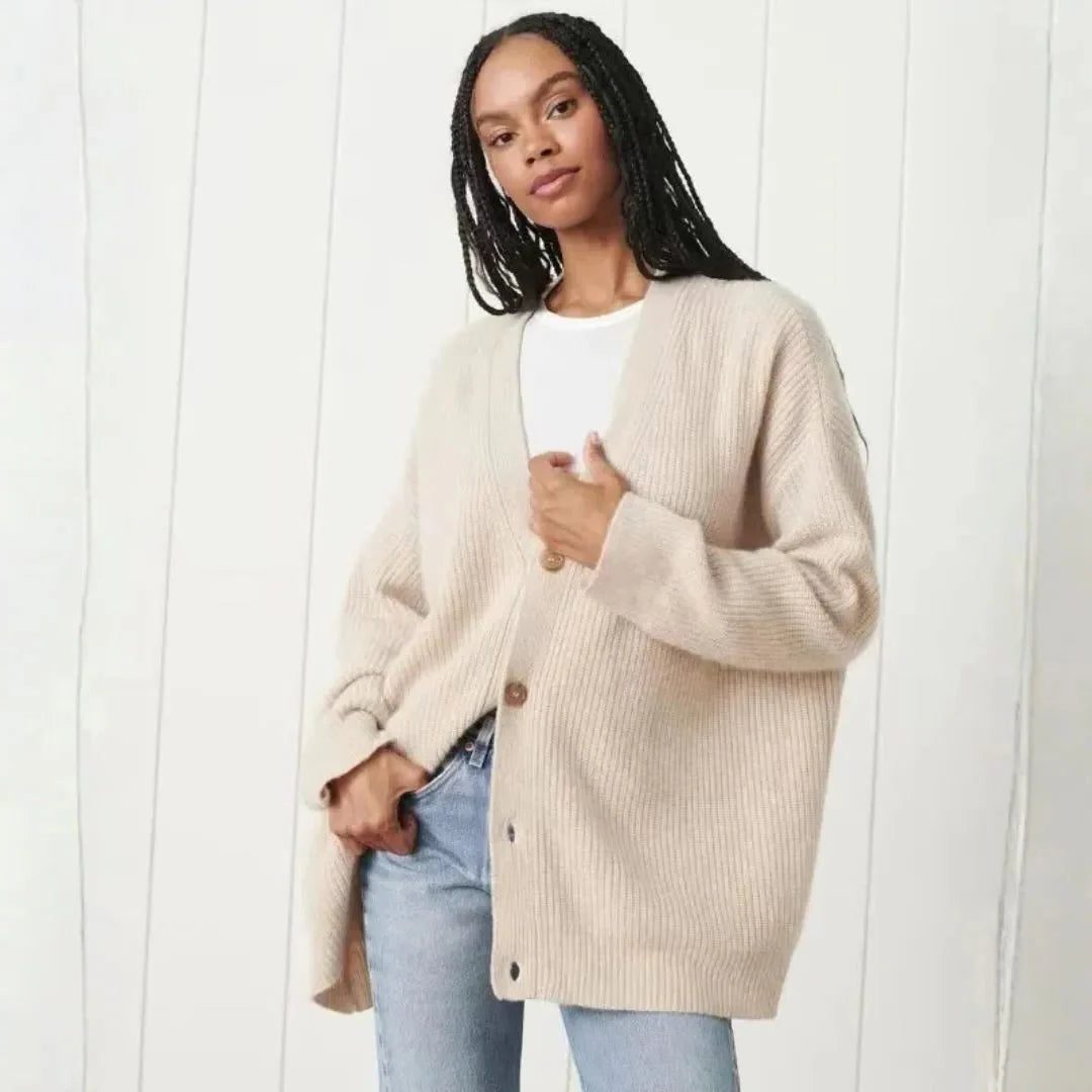 Women's Ribbed Knit Longline Cardigan with V-Neck Beige