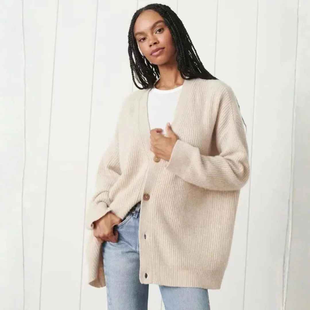Women's Acrylic V-neck Ribbed Textured Longline Cardigan Beige