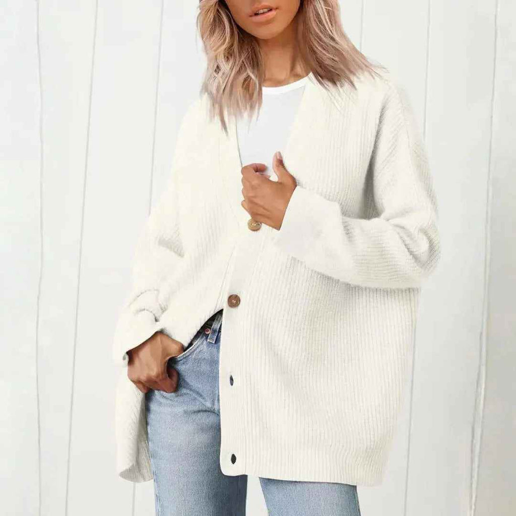 Women's Acrylic V-neck Ribbed Textured Longline Cardigan White