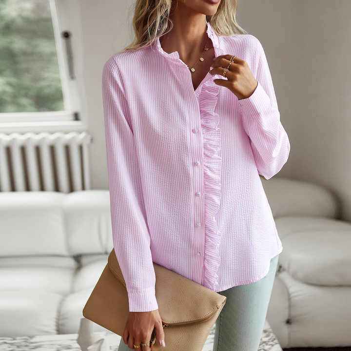 Women's Lightweight Ruffle Blouse - Long Sleeve with Classic Button Closure Pink