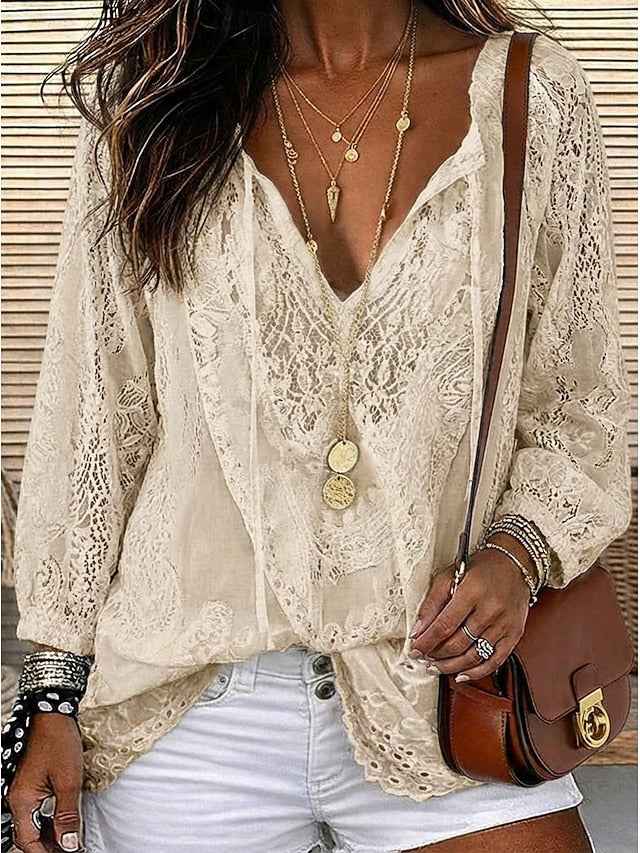 Women's Boho Lace-Detail Blouse Khaki