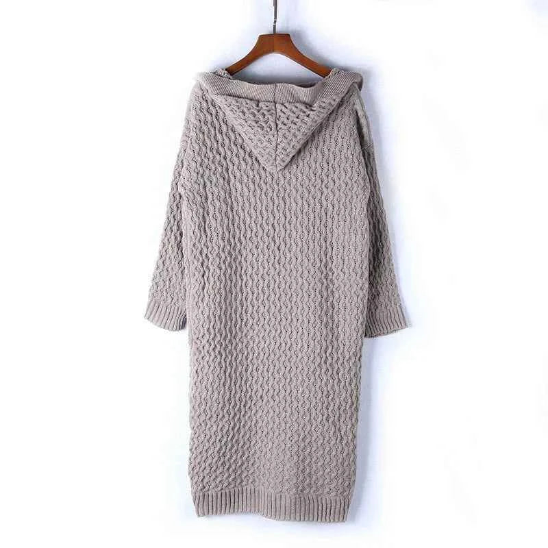 Women's Oversized Knitted Cardigan with Hood – Long Cable Knit Style Grey