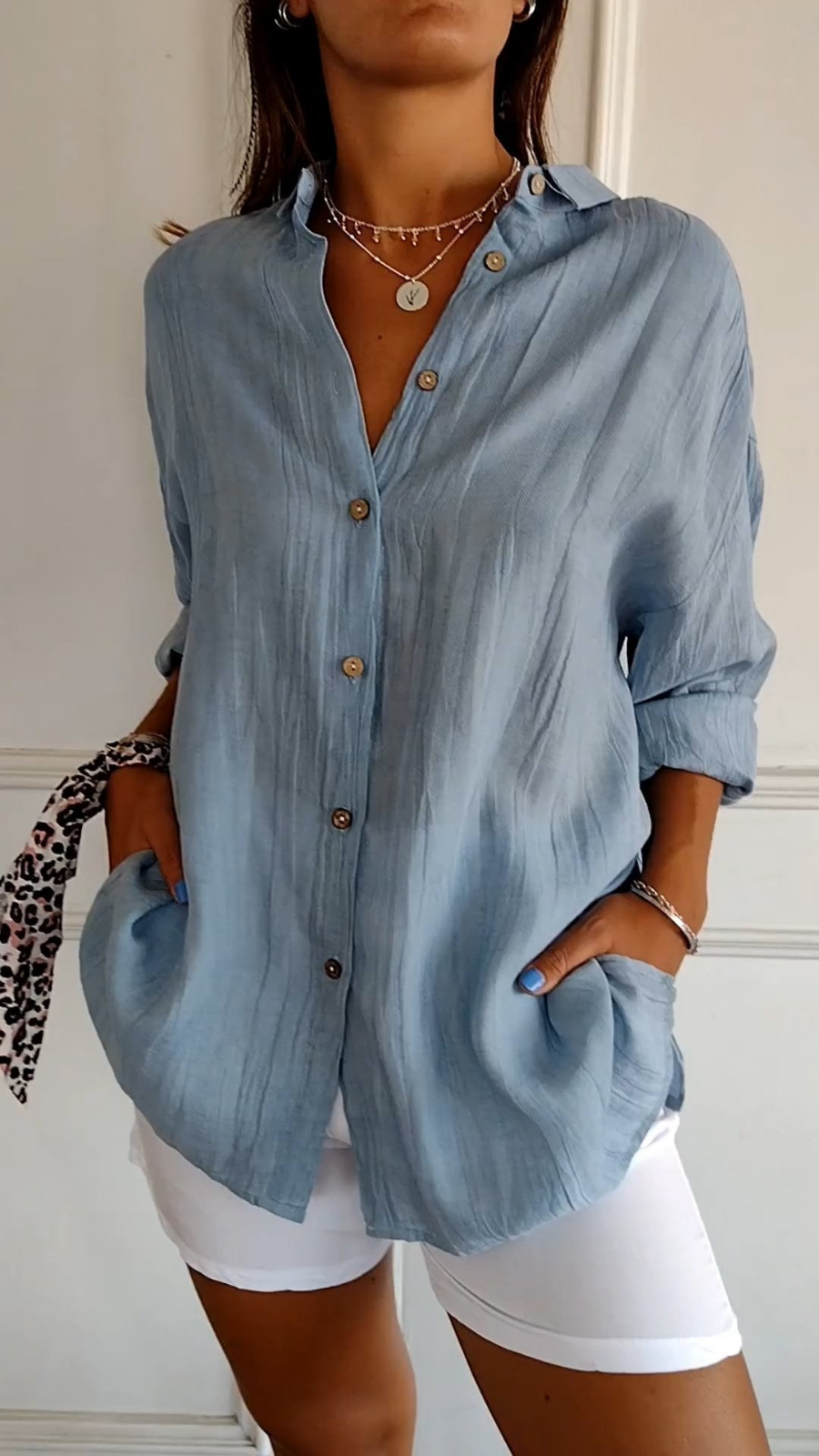 Women's Relaxed Oversized Button-Down Blouse Steel Blue