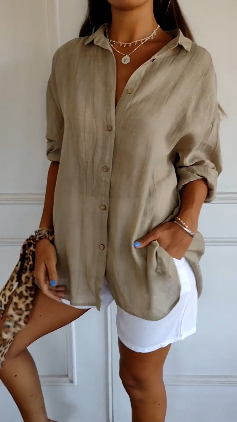 Women's Relaxed Oversized Button-Down Blouse Khaki