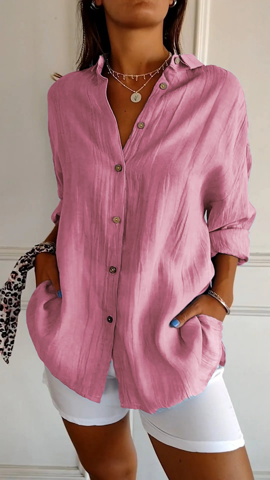 Women's Relaxed Oversized Button-Down Blouse Pink