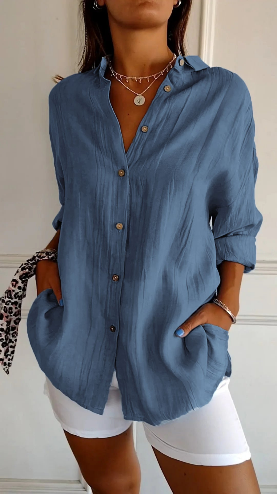 Women's Relaxed Oversized Button-Down Blouse Dark Blue