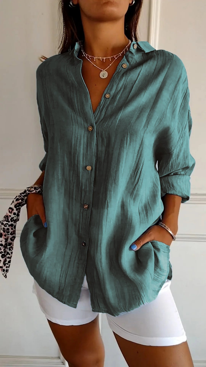 Women's Relaxed Oversized Button-Down Blouse Teal Green