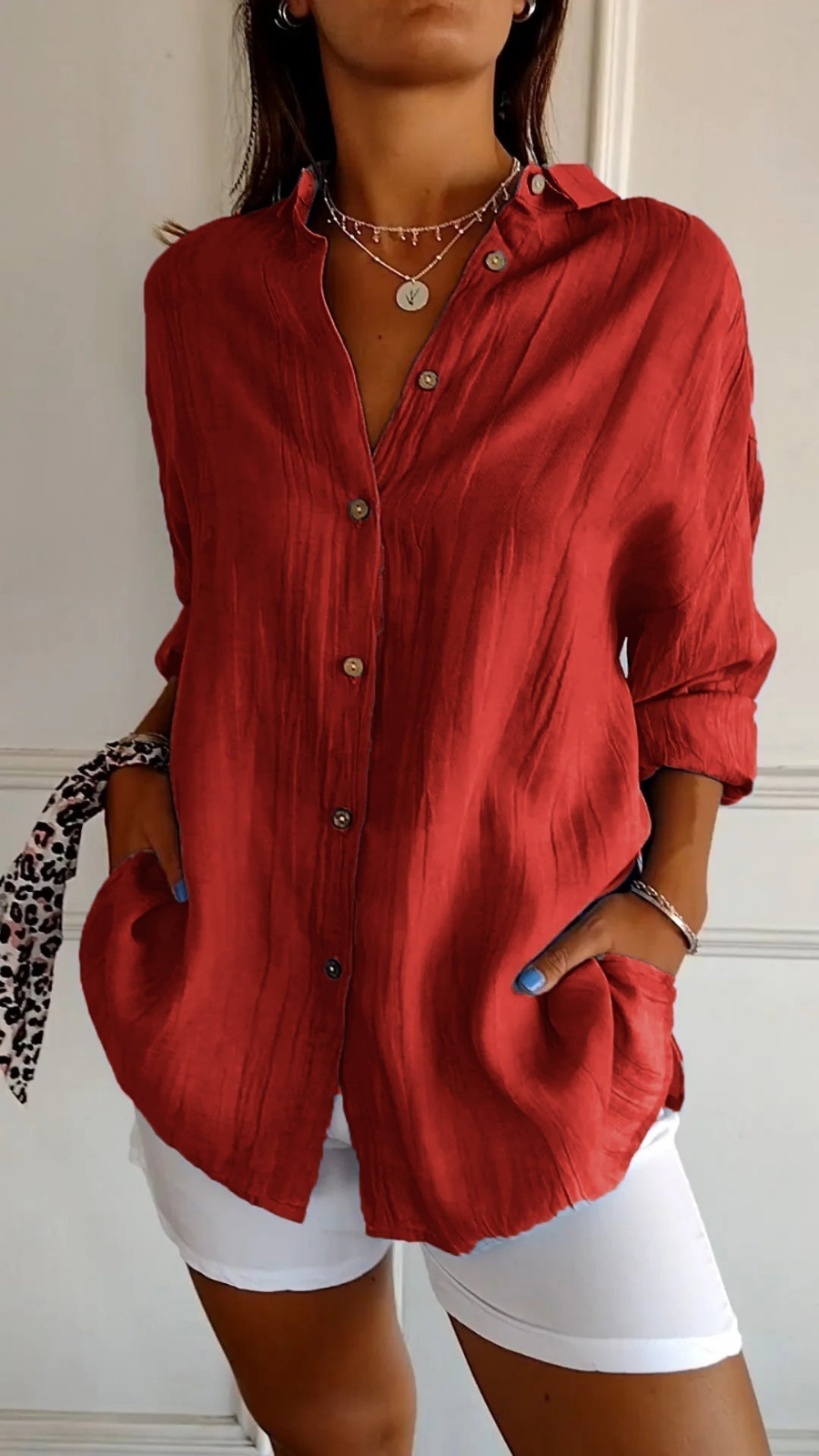 Women's Relaxed Oversized Button-Down Blouse Red