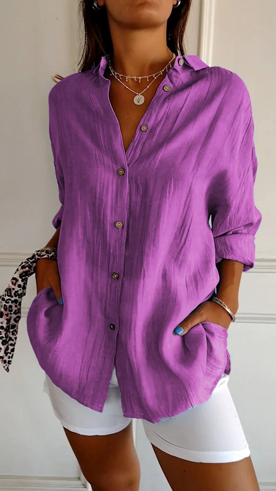 Women's Relaxed Oversized Button-Down Blouse Purple