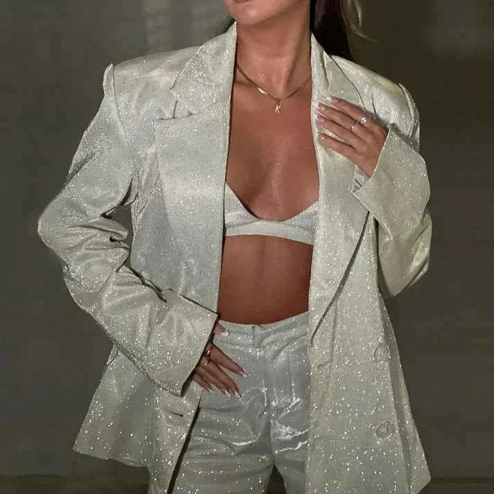Women's Sequined Oversized Blazer Suit Set with High Waist Straight Leg Pants