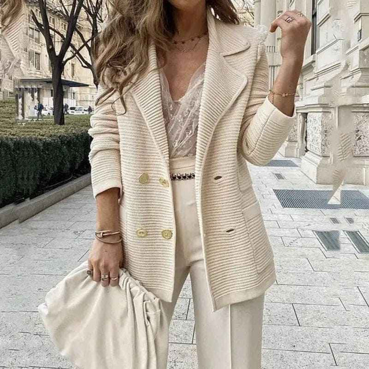Women's Fitted Blazer - Double Button Design - Ribbed Texture - Classic Lapel Beige