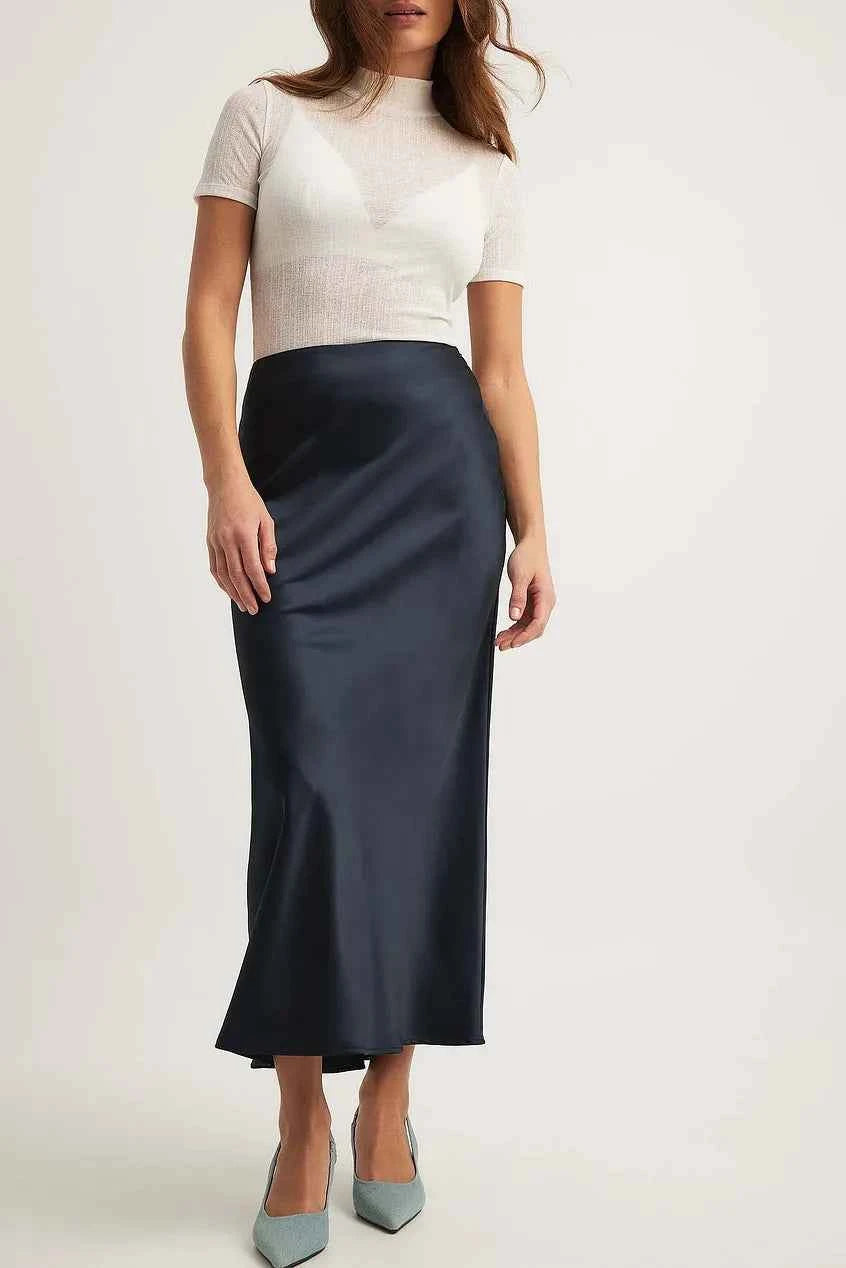 Women's A-Line Satin Maxi Skirt – Elegant Long Design with Shiny Finish Navy Blue