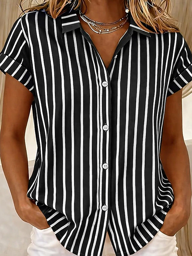 Women's Striped Short-Sleeve Blouse Black