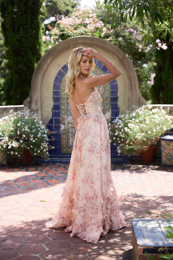 Orella | Women's Pink Floral Maxi Dress with Pearl Detail and Split
