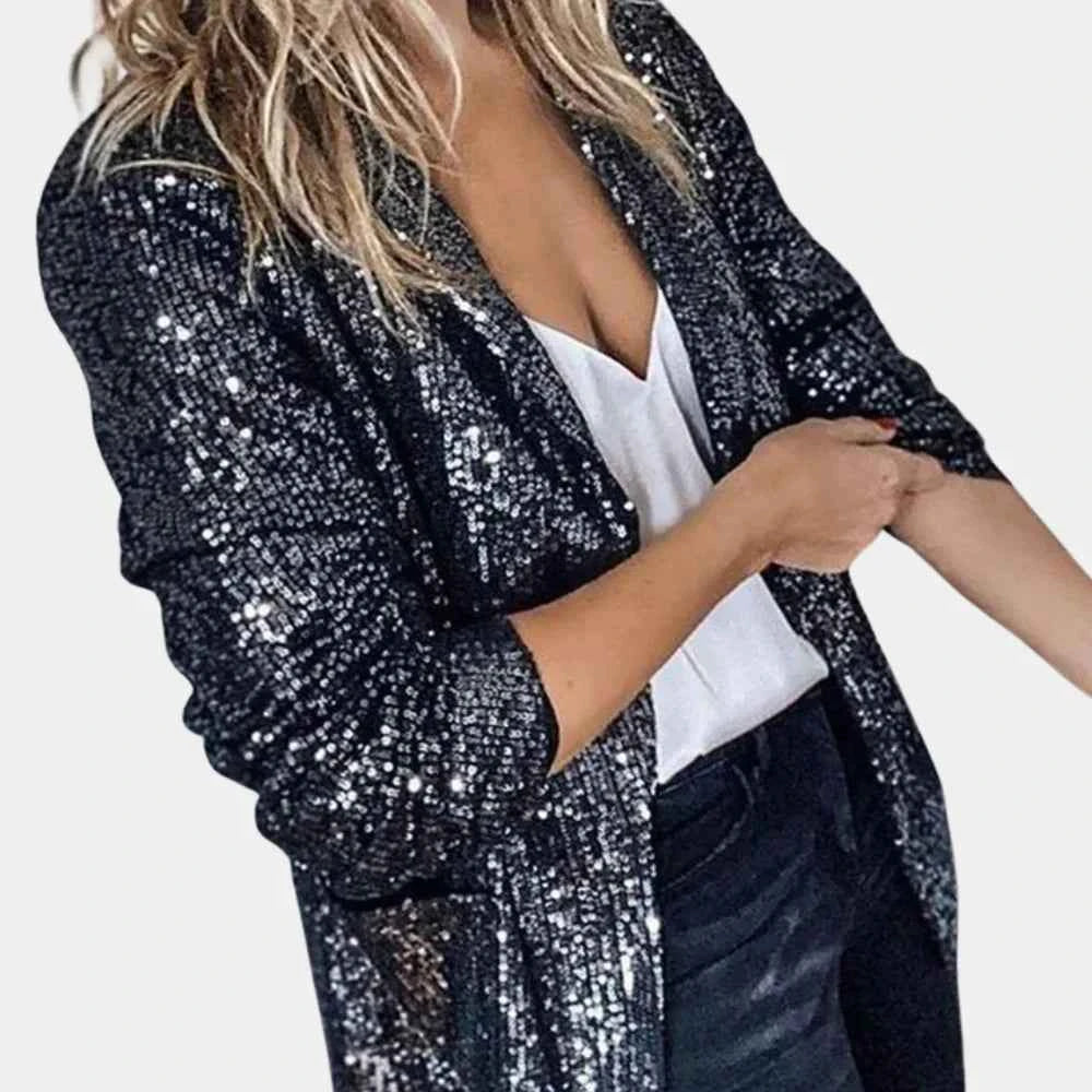 Women's Elegant Sequined Blazer - Tailored Fit, Long Sleeves Black