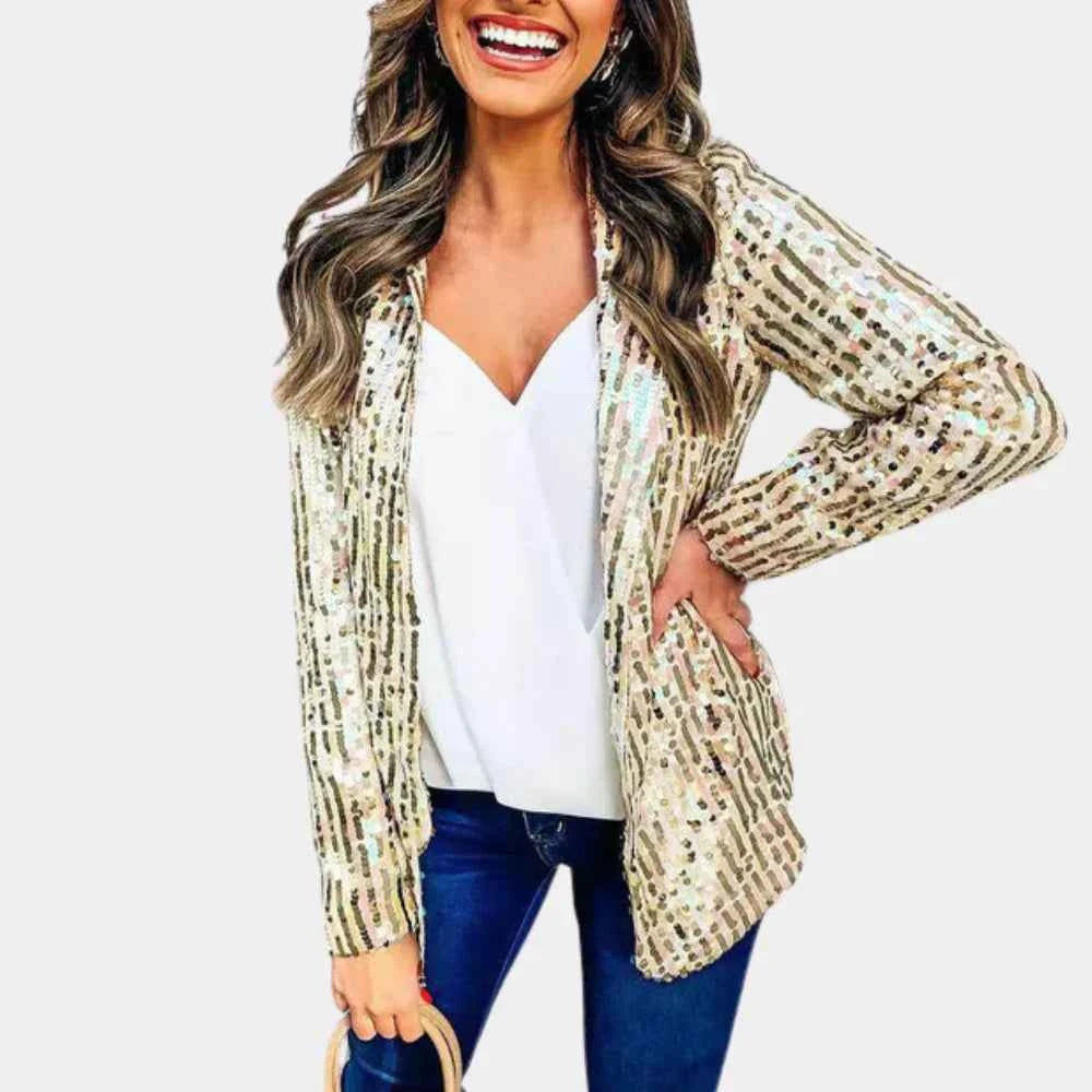Women's Elegant Sequined Blazer - Tailored Fit, Long Sleeves Gold