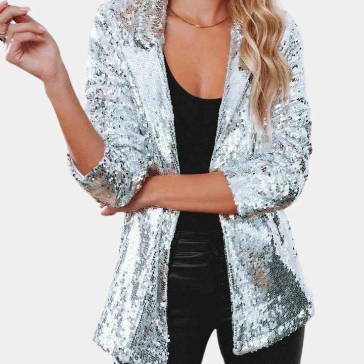 Women's Elegant Sequined Blazer - Tailored Fit, Long Sleeves Silver