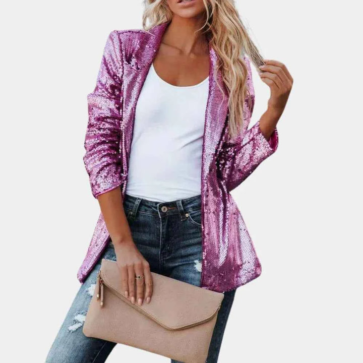 Women's Elegant Sequined Blazer - Tailored Fit, Long Sleeves Pink