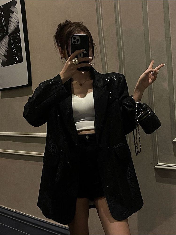 Women's Sequin Oversized Blazer for Stylish Outfits Black