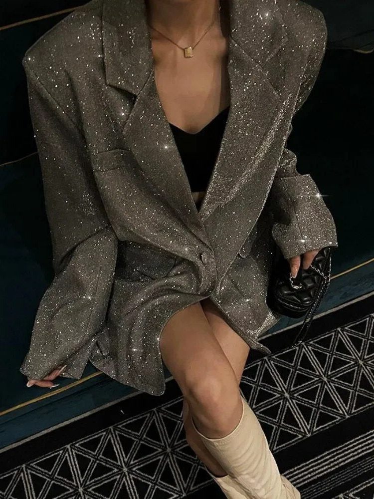 Women's Sequin Oversized Blazer for Stylish Outfits Silver