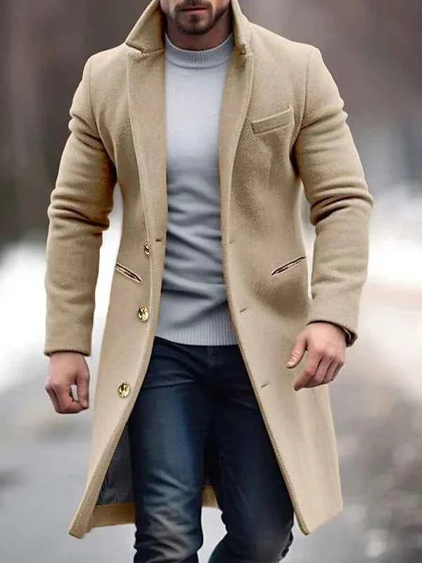 Men's Wool Blend Overcoat – Tailored Fit – Knee Length – Button Closure Khaki