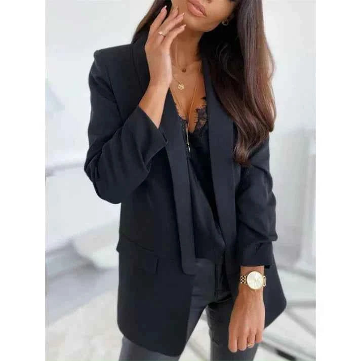 Women's Tailored Blazer - Single-Breasted with Lapels and Flap Pockets Black