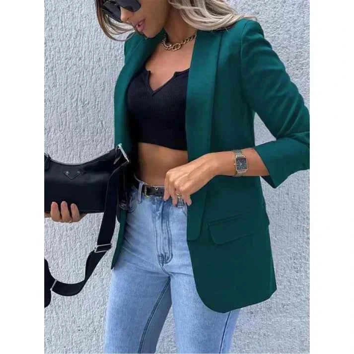Women's Tailored Blazer - Single-Breasted with Lapels and Flap Pockets Green