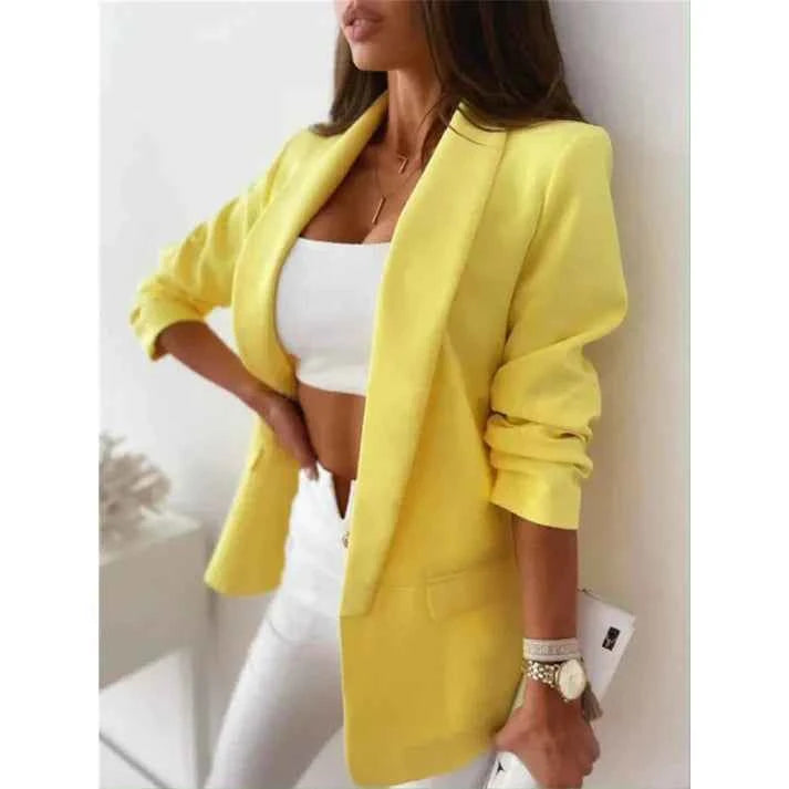 Women's Tailored Blazer - Single-Breasted with Lapels and Flap Pockets Yellow