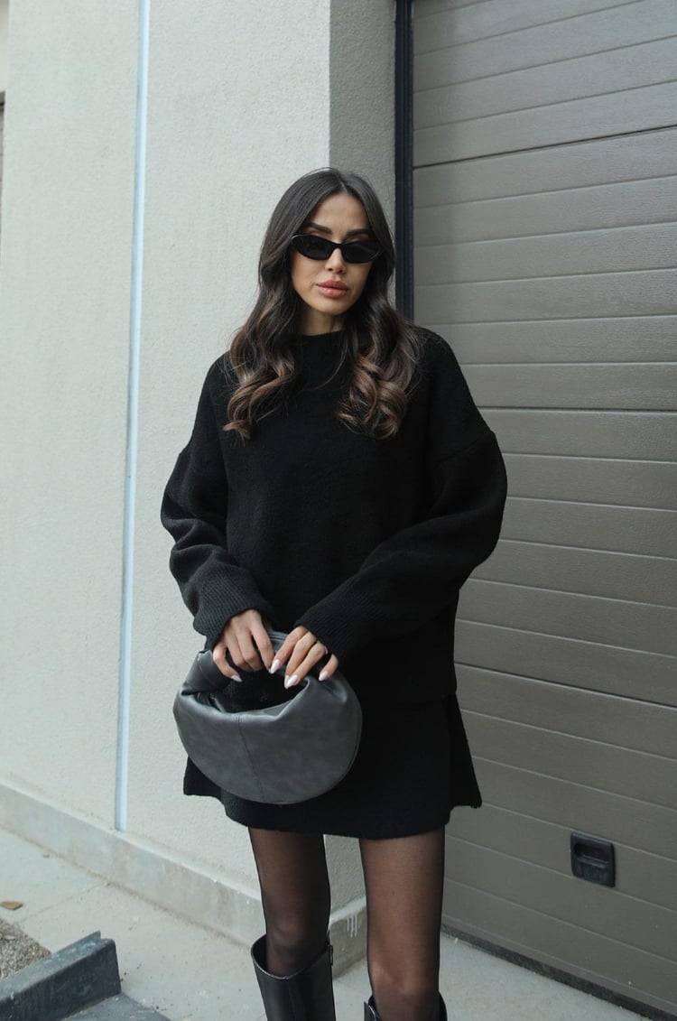 Violet | Women's Knitted Top and Skirt Set Black