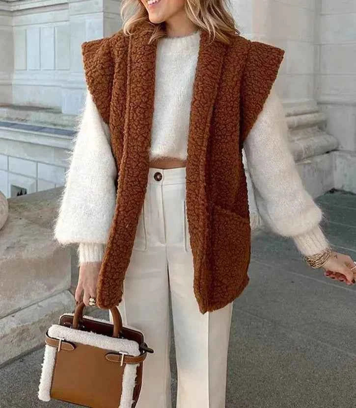 Women's Sleeveless Fleece Bodywarmer – Soft and Loose-Fitting Casual Comfort Brown