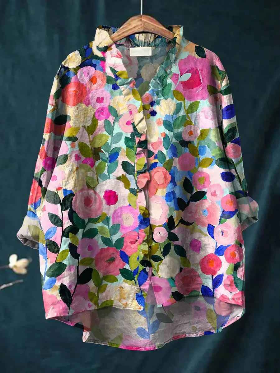 Women's Floral Ruffle-Neck Blouse Classic