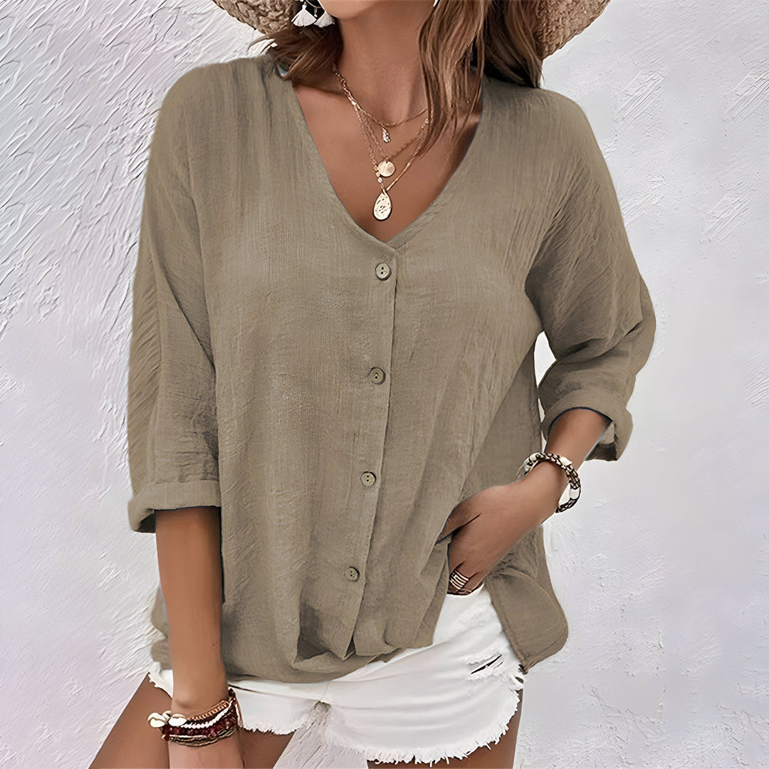 Women's Casual Relaxed Button-Up Blouse Khaki